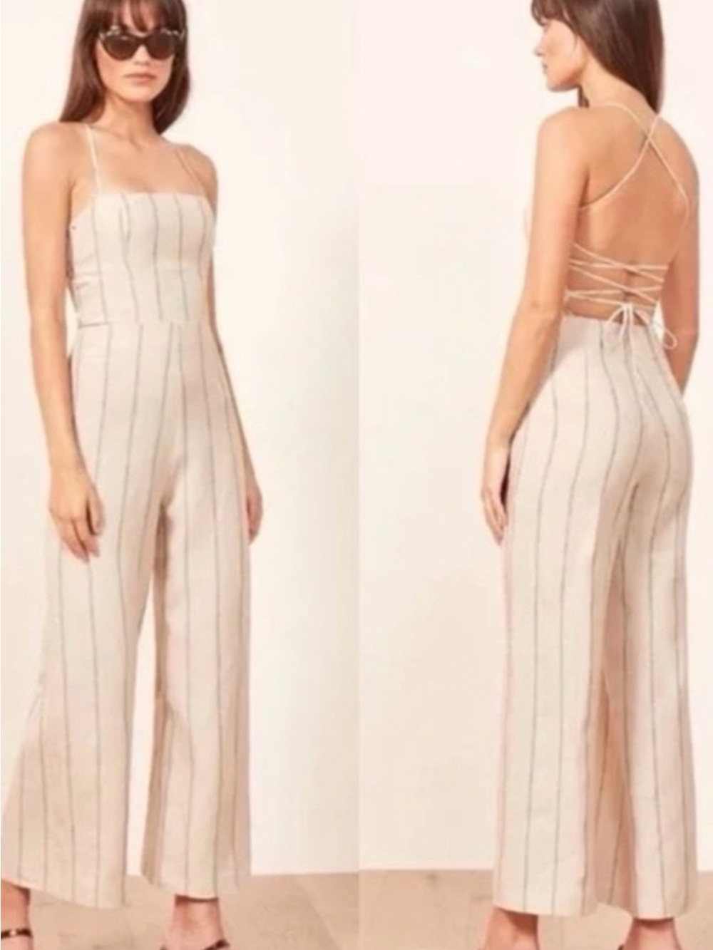 Reformation Beige Jumpsuit with Thin Gray Stripes